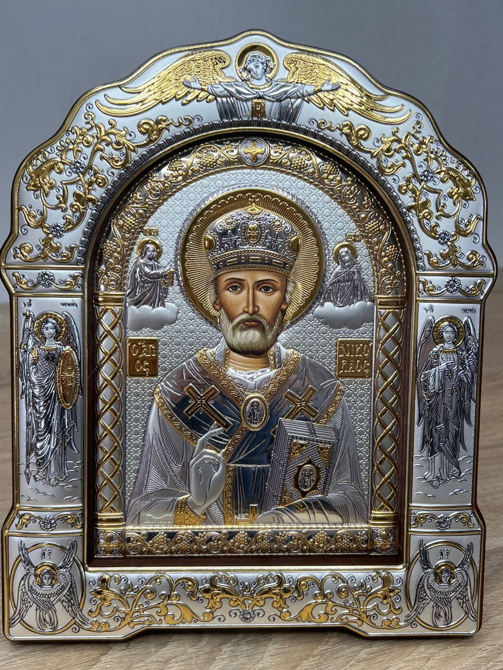 Николай Чудотворец, икона арочная с рамкой под стеклом, красное дерево 266х335