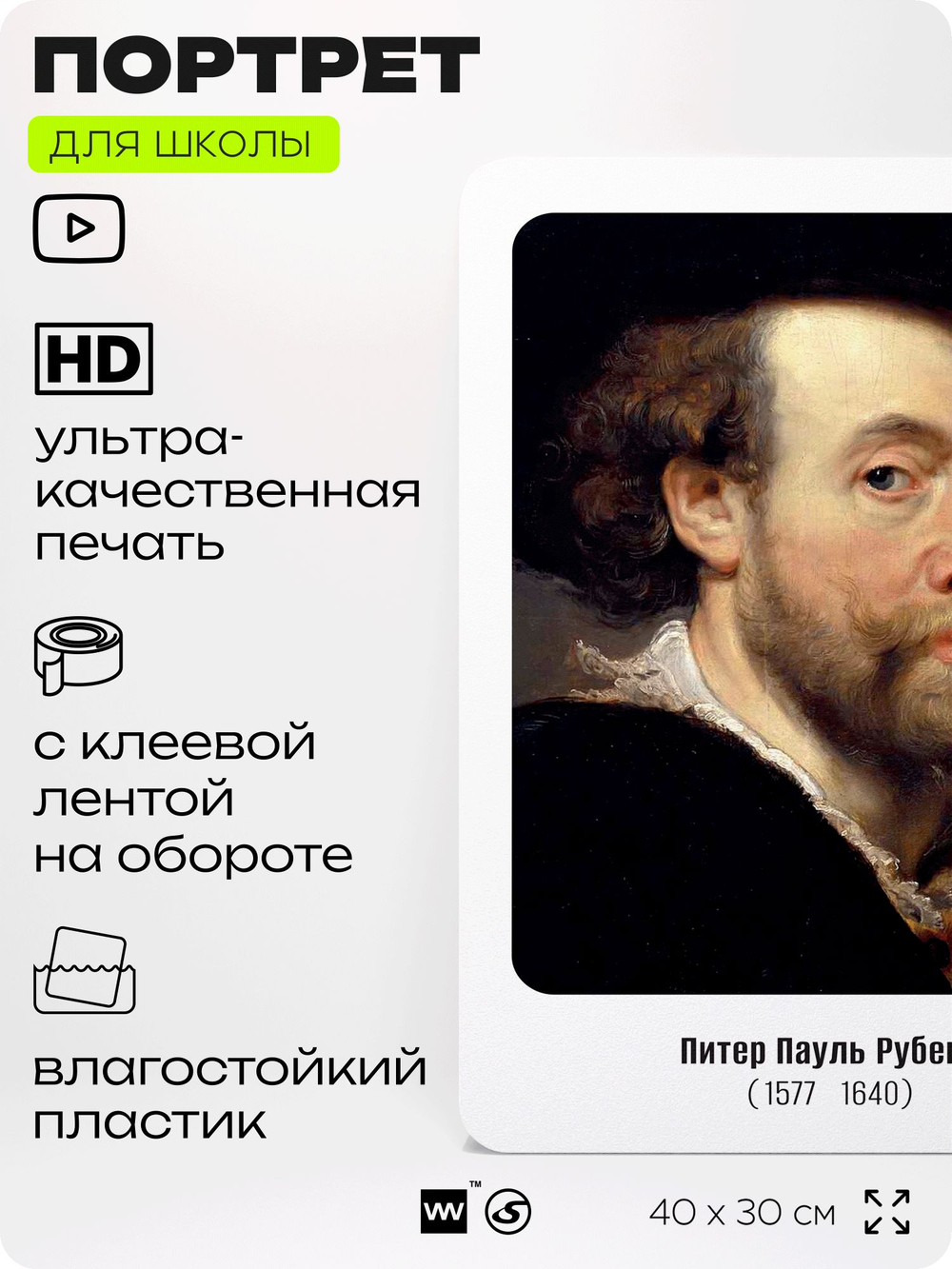 Портрет для школы в кабинет рисования "Питер Пауль Рубенс", стенд школьный для класса, деятели науки для оформления классного уголка, 40х30 см, Silver Plane x Айдентика Технолоджи