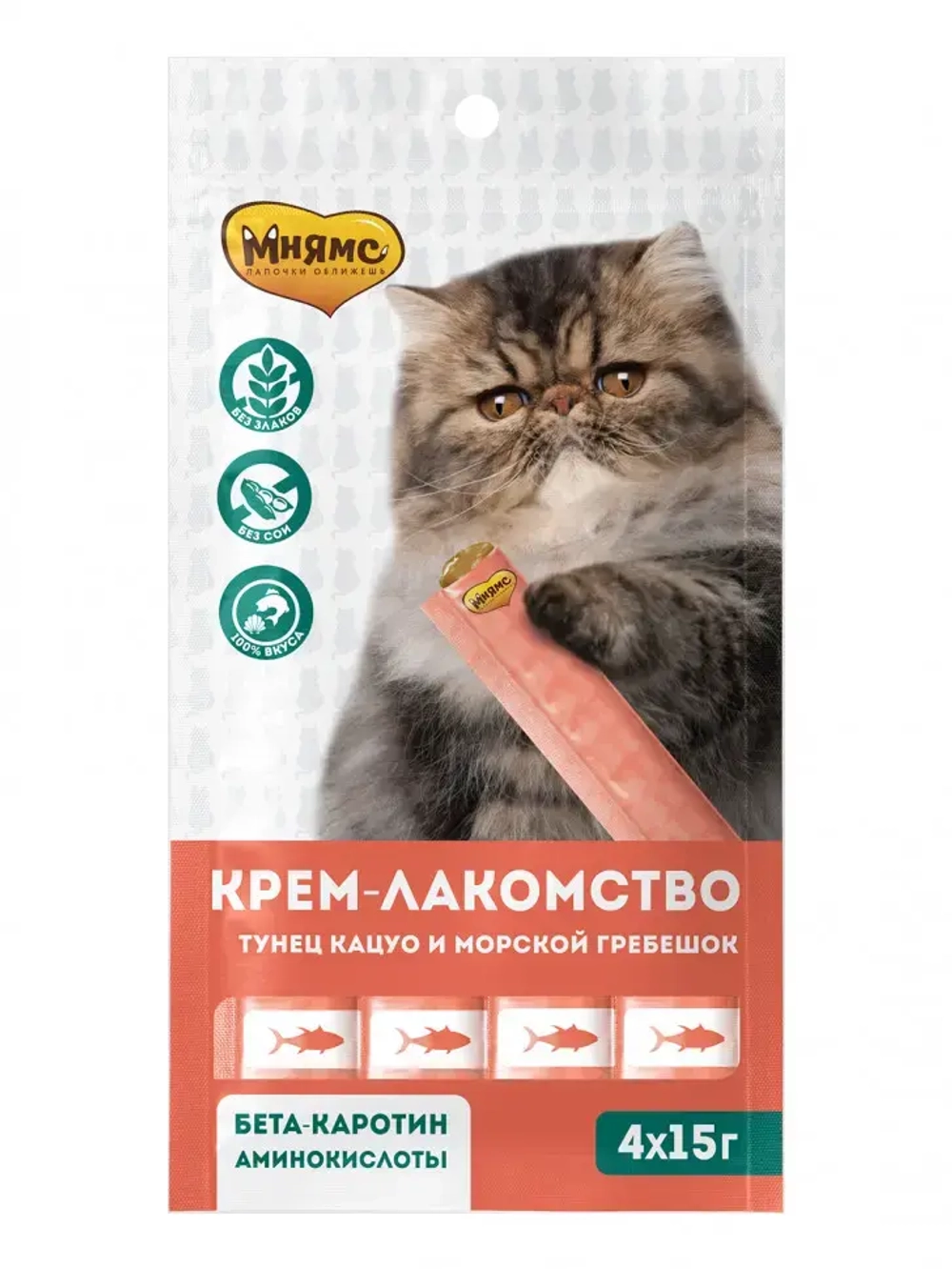 Крем-лакомство мнямс для кошек с тунцом кацуо и морским гребешком - 60 г
