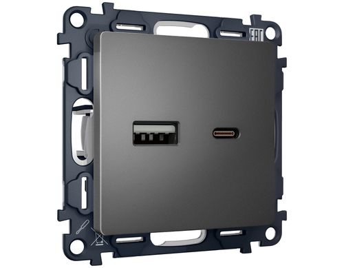 MA661010 Комплект механизма розетки ALFA Антрацит серый 2USB A+C 20W (быстрая зарядка) QUANT (AP6610, VM177)