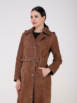 Тренч длинный кожаный с поясом плащ замшевый