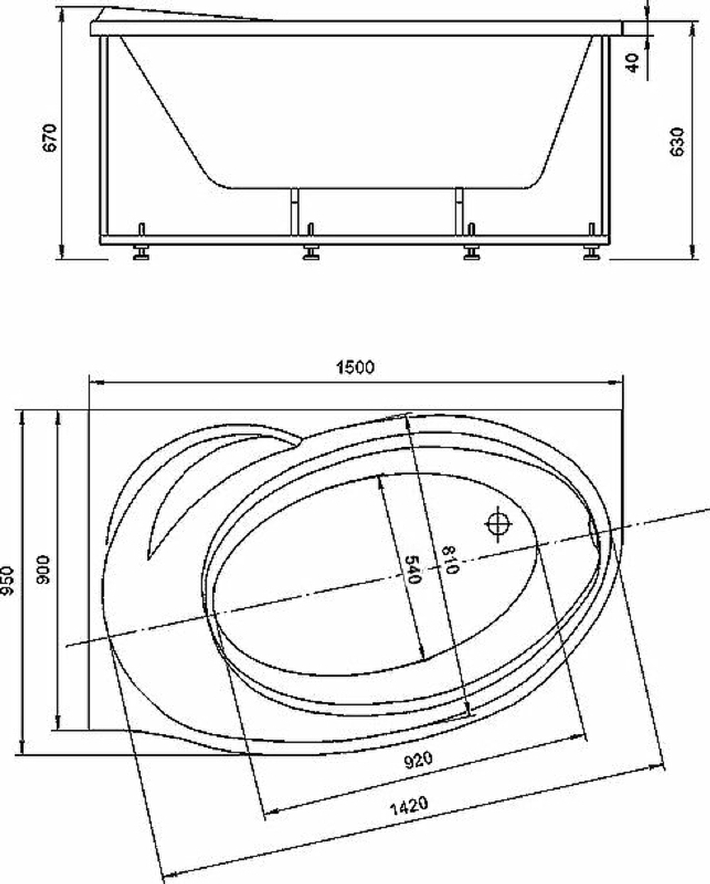Акриловая ванна Aquatek (Акватек) Бетта 150x95 L, с каркасом, с фронтальной панелью, со сливом-переливом