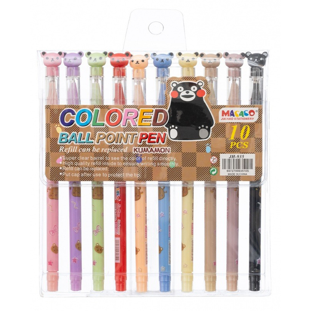 Ручка шариковая, масляная, Basir, цветные чернила, серия "МИШКИ", цветной корпус фигуркой, набор 10 шт