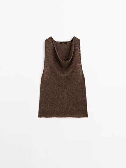 Massimo Dutti Вязаный топ-халтер из смесовой льняной ткани, коричневый