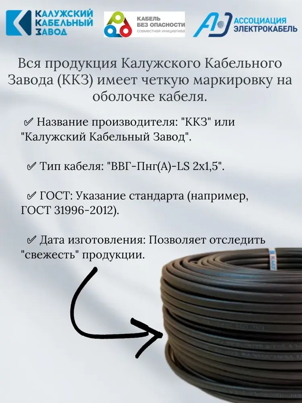 Силовой кабель ВВГ-Пнг(А)-LS 2х1,5 мм, ГОСТ, медь, черный, 10 метров, Калужский Кабельный Завод (ККЗ)