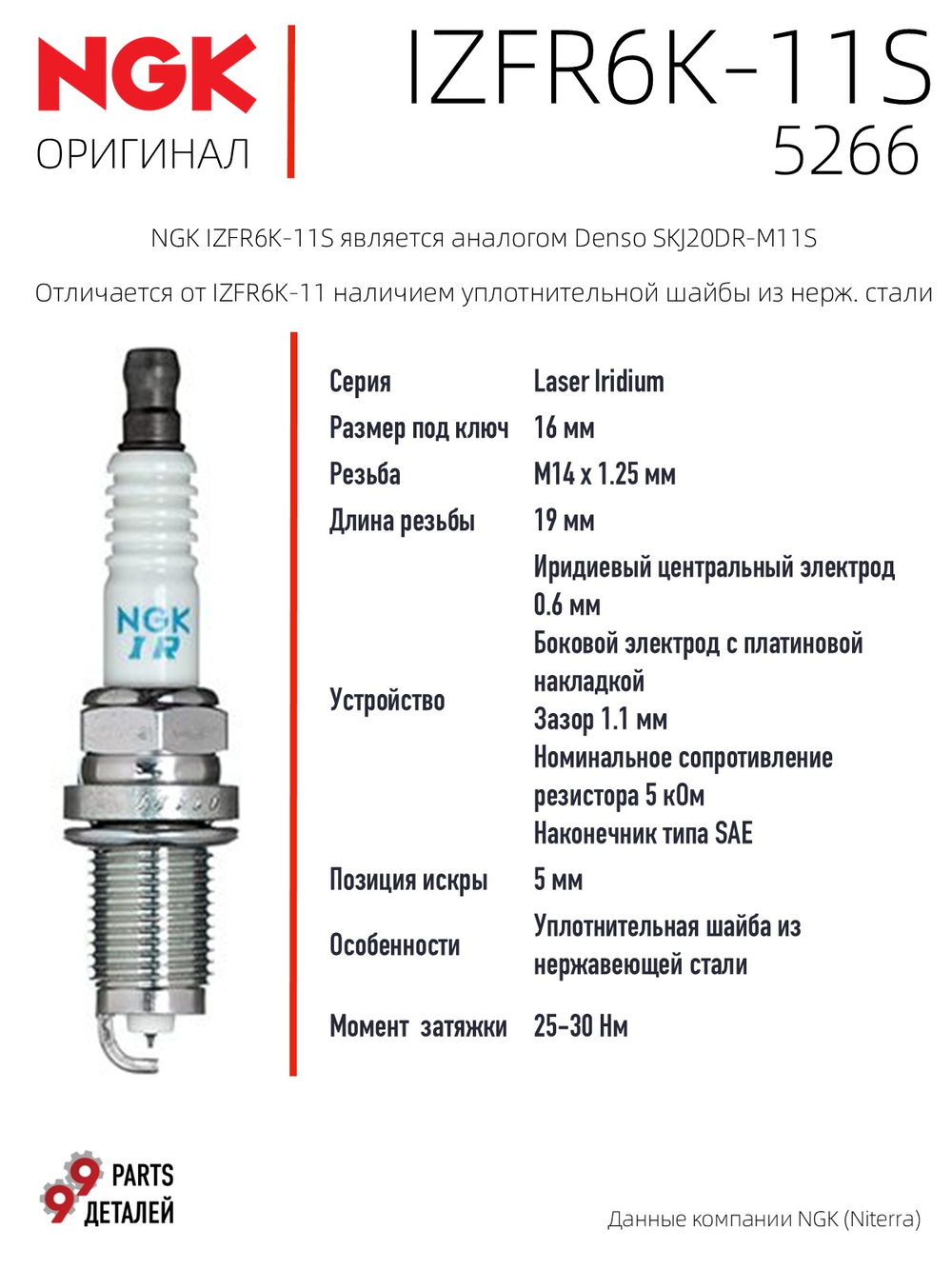 NGK IZFR6K-11S 5266 Иридиевые свечи зажигания, 4 шт.