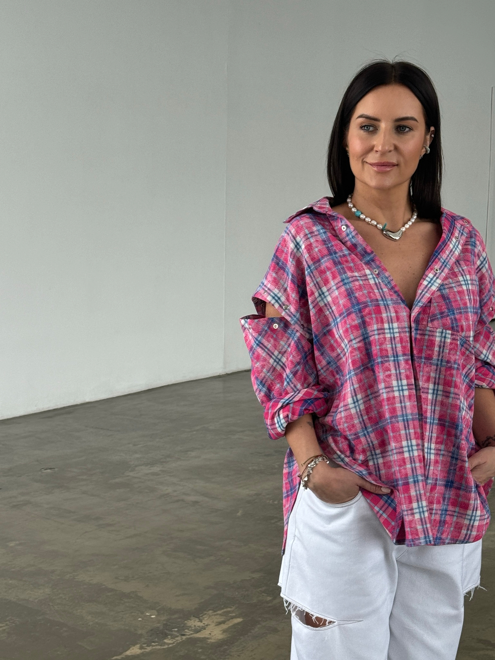 Рубашка трансформер в клетку розовая