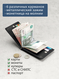 722 R - Зажим для купюр с монетником на молнии и RFID защитой