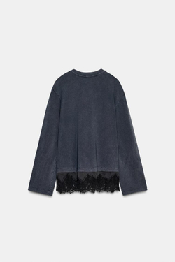 ZARA КОМБИНИРОВАННАЯ ФУТБОЛКА С КРУЖЕВОМ, ЧЕРНЫЙ