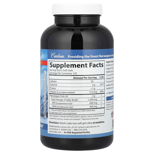 Carlson, Super Omega-3 Gems®, высокоэффективные омега-3 кислоты из рыбы дикого улова, 250 капсул