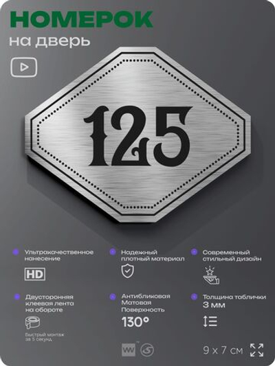 Номерок на дверь квартиры 125, для кабинета, офиса, шильдик 9 х 7 см, серебристый, Айдентика Технолоджи