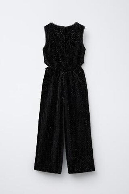 ZARA ДЛИННЫЙ БАРХАТНЫЙ КОМБИНЕЗОН С БЛЁСТКАМИ, ЧЕРНЫЙ