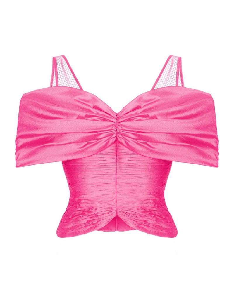 Блуза-топ драпированная из шелка и сетки с открытыми плечами