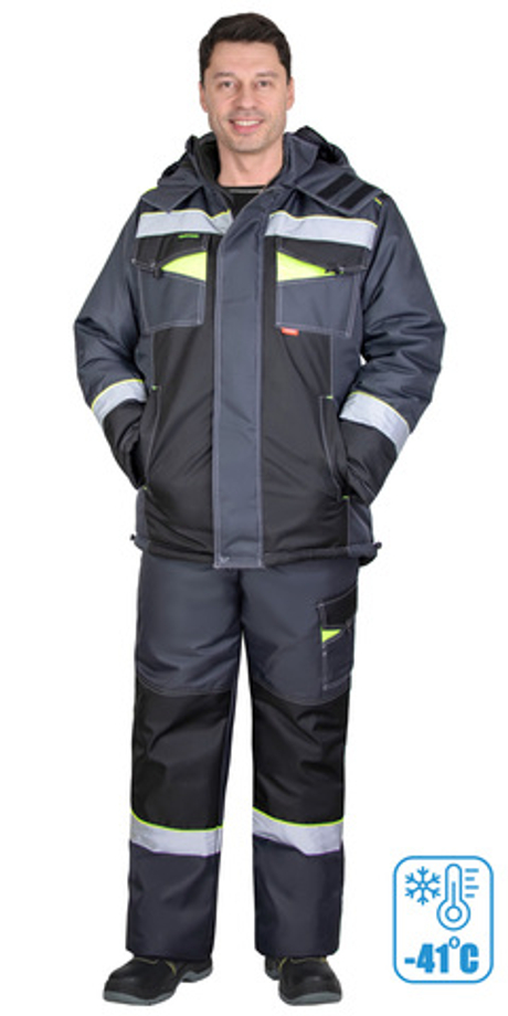 Костюм СИРИУС-ХОВАРД-М зимний, куртка длинная, брюки, темно-серый с черным, лимонной отделкой и СОП