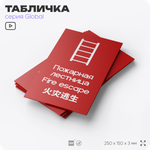 Табличка Пожарная лестница, на дверь и стену, информационная и мультиязычная (русский, английский, китайский), серия GLOBAL, 25х15 см, Айдентика Технолоджи