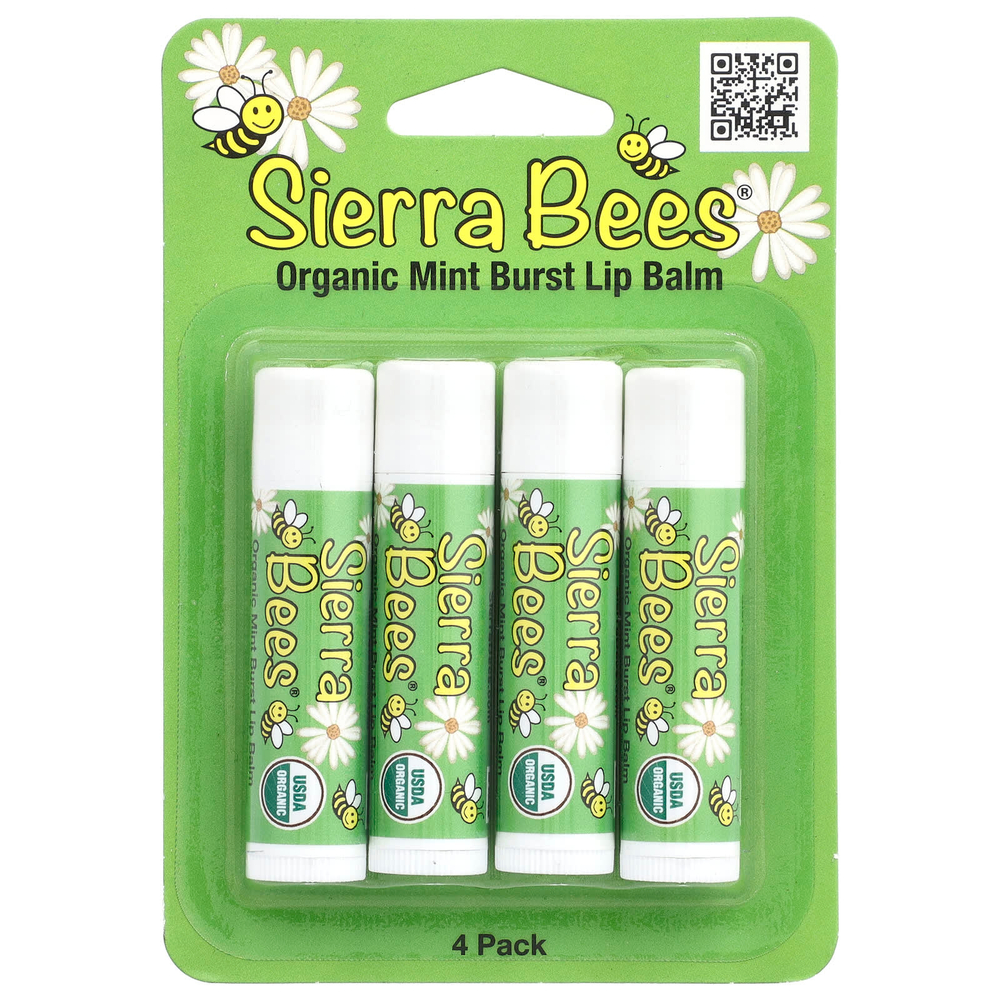 Sierra Bees, Органические бальзамы для губ, мятный взрыв, 4 штуки в упаковке весом 0,15 унции (4,25 г) каждая