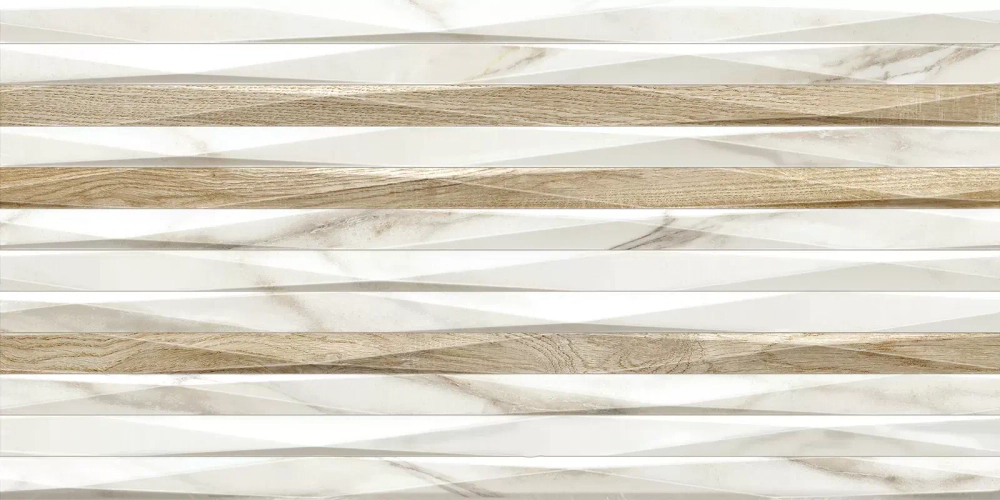 Настенная плитка Alma Ceramica TWU2550EPH14 Euphoria 24.9x50 белая / бежевая глянцевая / рельефная под мрамор / под дерево / полосы