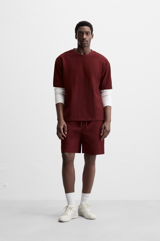 ZARA ШОРТЫ-ДЖОГГЕРЫ ИЗ РЕЛЬЕФНОЙ ТКАНИ, МЯГКИЙ КРАСНЫЙ