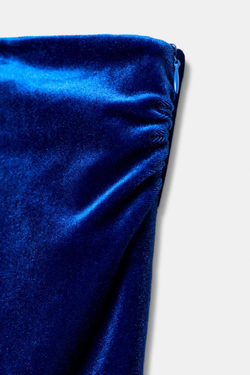 ZARA БАРХАТНОЕ ПЛАТЬЕ МИДИ АСИММЕТРИЧНОГО КРОЯ, КОБАЛЬТОВЫЙ