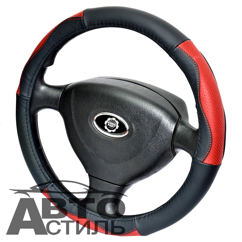 Оплетка на руль круглая Coolpart MAXIMAL (38*38) НАТУР КОЖА черный/красный HT114-BLRD