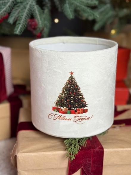 Шляпные коробки в натуральной бархатной ткани с принтом к Новому Году.