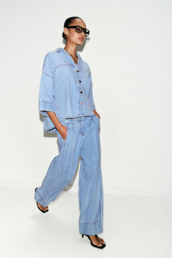 ZARA ДЖИНСЫ Z1975 WIDE LEG СО СРЕДНЕЙ ПОСАДКОЙ И ВЫТАЧКАМИ, ВЫЦВЕТШИЙ СИНИЙ