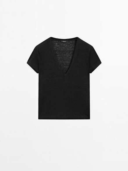 Massimo Dutti Футболка из 100% льна с V-образным вырезом, черный