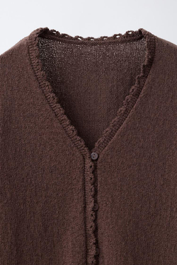 ZARA КАРДИГАН С ВОЛНИСТЫМ КРАЕМ, КОРИЧНЕВЫЙ