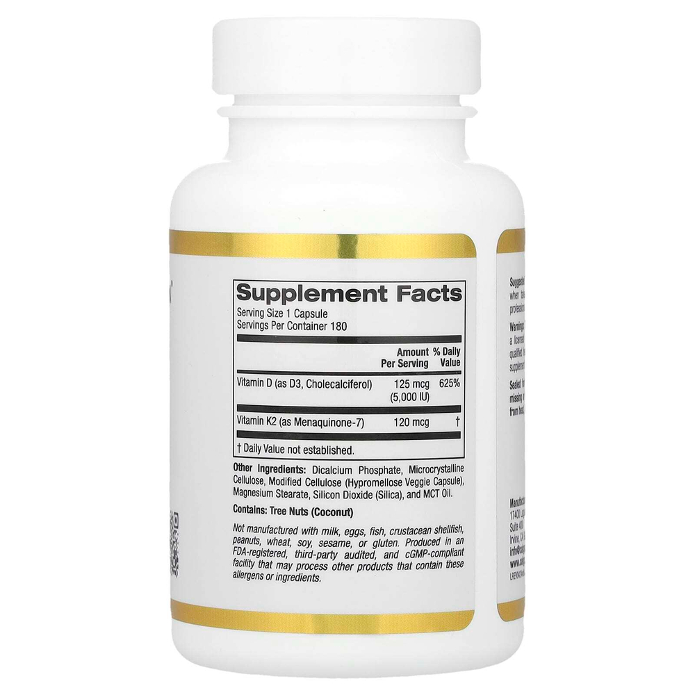 California Gold Nutrition, витамины D3 и К2 в форме MK-7, 180 растительных капсул