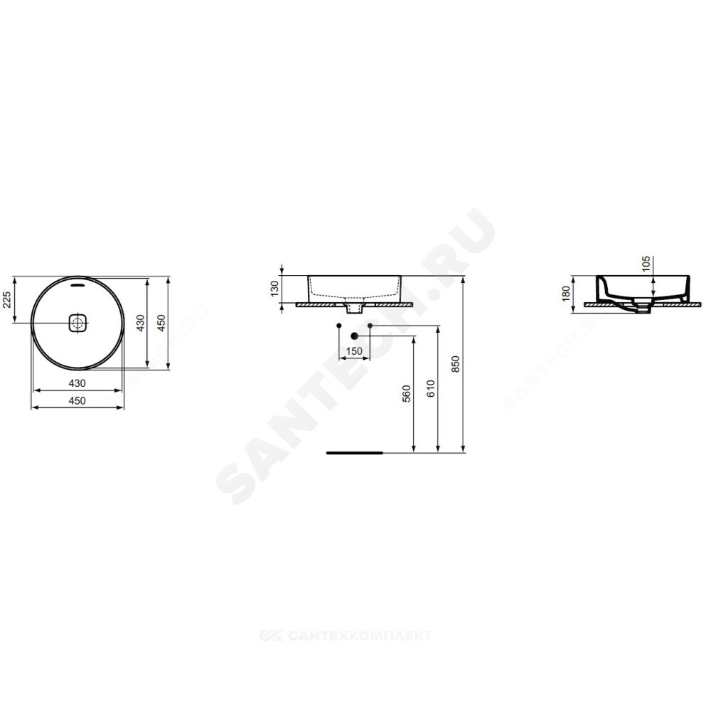 Умывальник мебельный STRADA II Round Vessel 45 без отверстия под смеситель Ideal Standard T296101