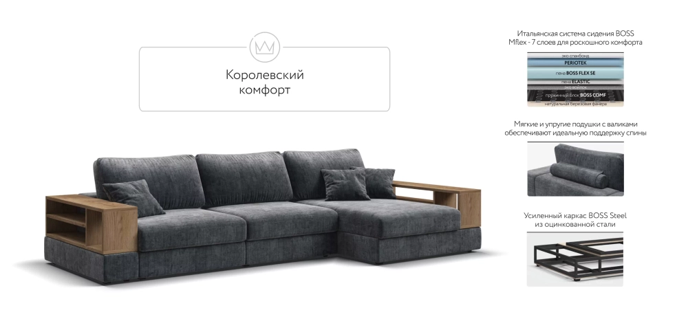 Угловой диван-кровать Босс Модуль XL правый, две полки, шенилл Глосс карбон