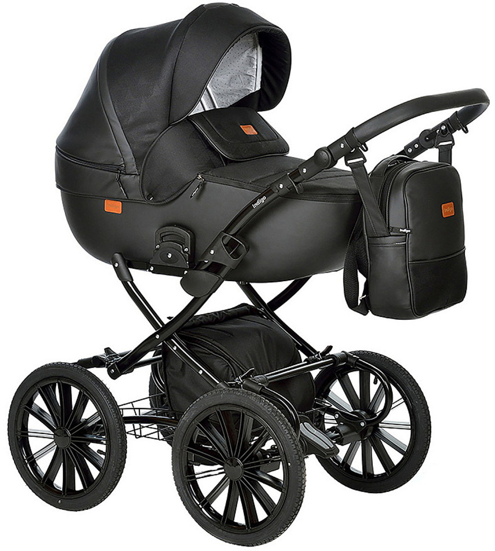 Детская коляска Indigo Porto Classic 14 3 в 1 с автокреслом Avionaut Cosmo Po 08 черная кожа+черный узор