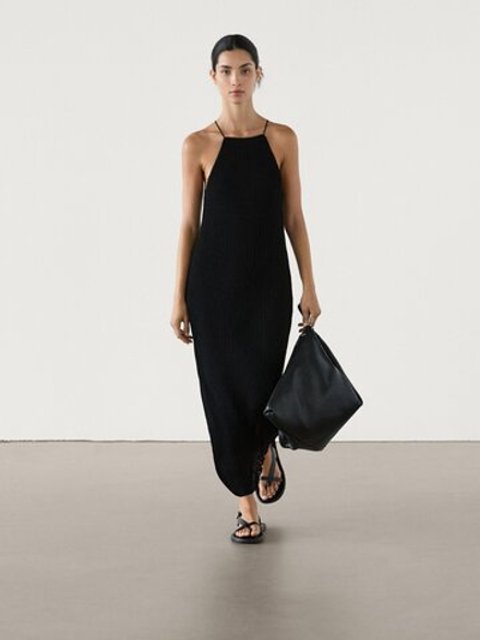 Massimo Dutti Платье из ажурного трикотажа с горловиной халтер, черный
