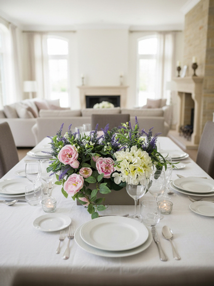 Композиция Мэри из цветов в длинном светлом кашпо