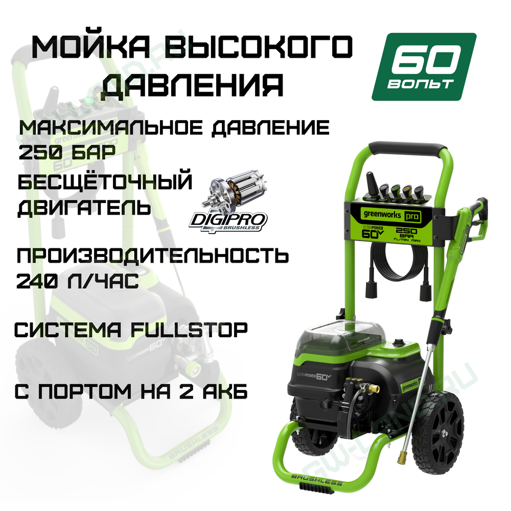 Мойка высокого давления аккумуляторная Арт. 5106207, 60V, 250 бар, бесщеточная, с портом на 2 АКБ