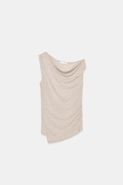 ZARA ТОП АСИММЕТРИЧНОГО КРОЯ СО СБОРКАМИ, ПЕСОЧНЫЙ МЕЛАНЖ