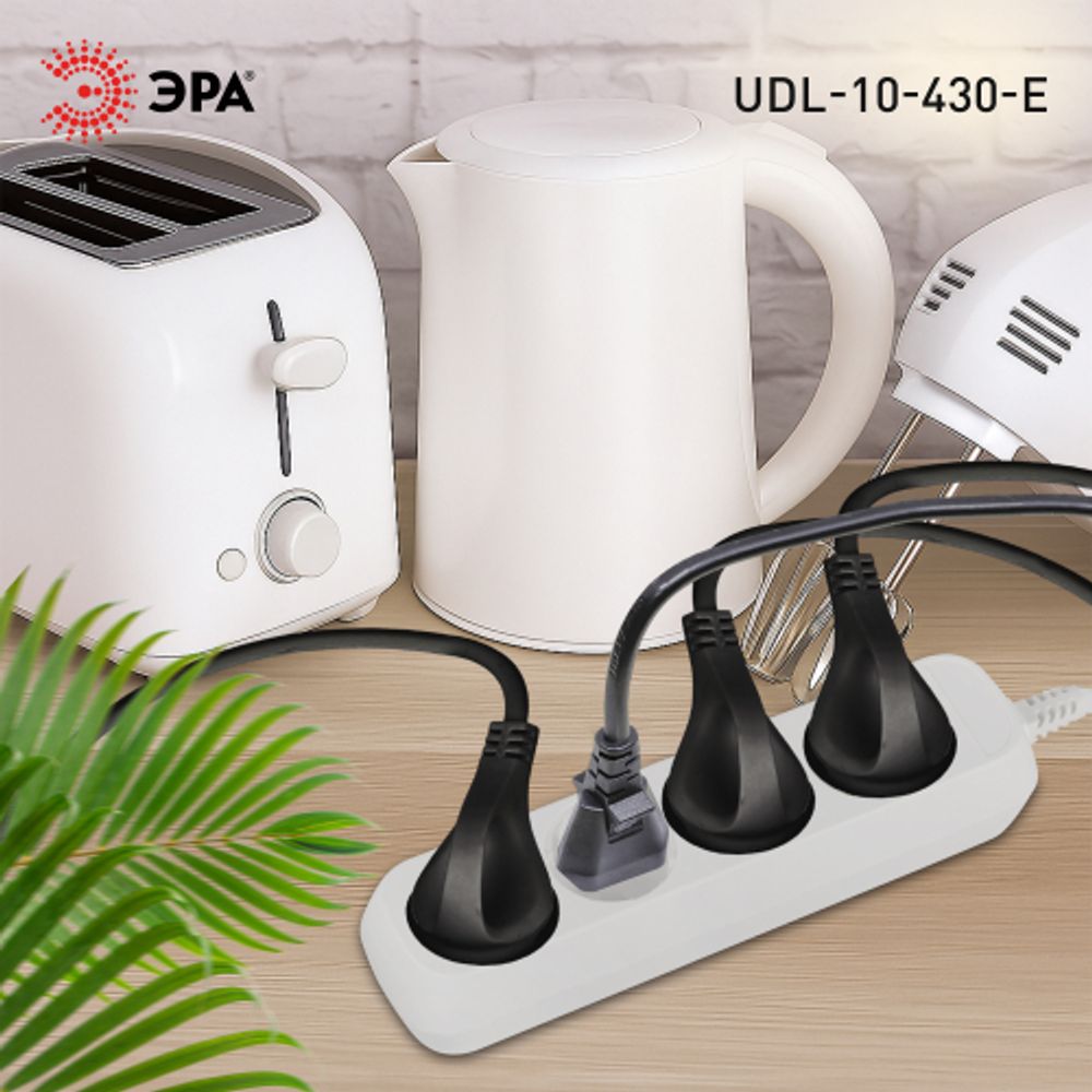 Удлинитель электрический ЭРА UDL-10-430-E Greenline 4 розетки с заземлением 3м ПВС 3x0.75мм2 | Электротовары