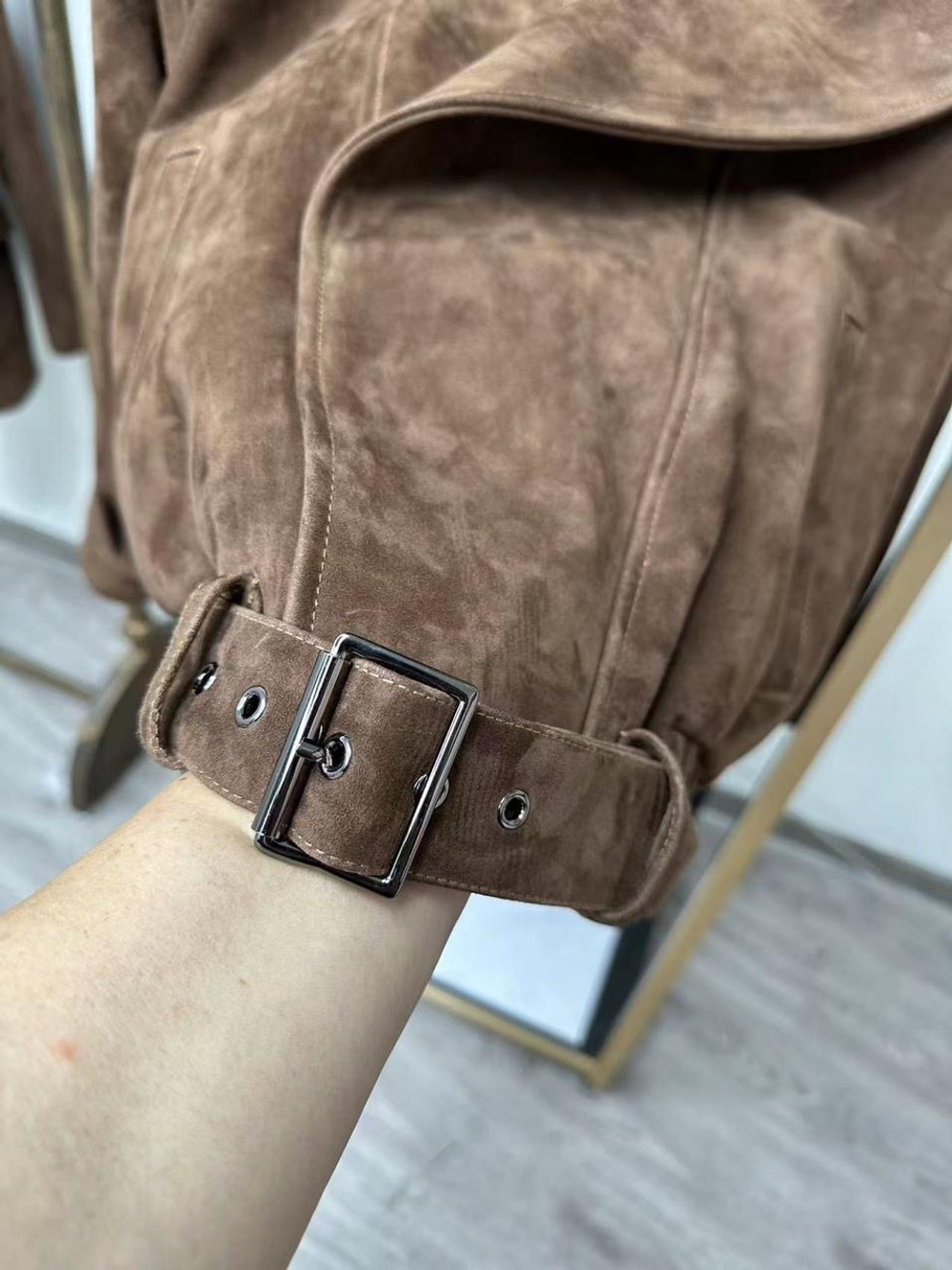 Бомбер "OVERSIZE" из замши "camel" с двойным воротником