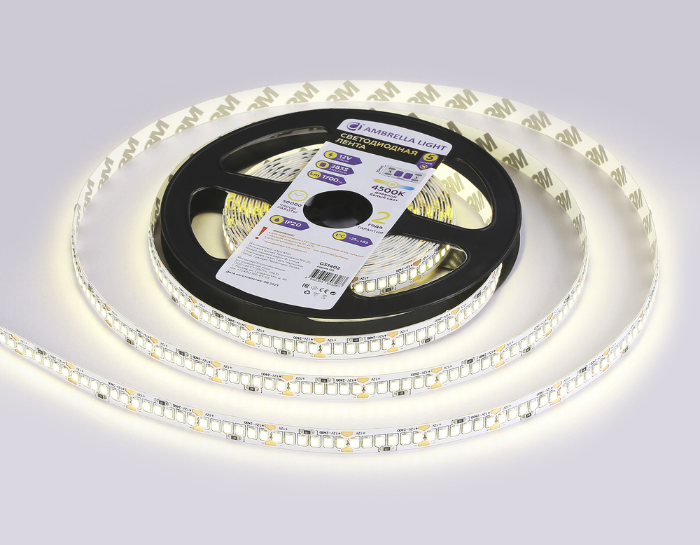 Светодиодная лента GS1402 2835 240Led/ 17W m/ 12V IP20 4500K/ 5000*10*1.2mm/ кратность резки 25mm (2 конт.)