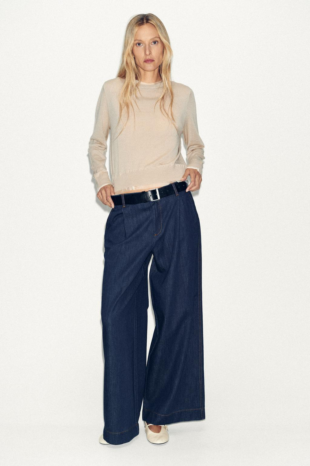 ZARA ВЯЗАНЫЙ ДЖЕМПЕР С ШЕРСТЬЮ И КОМБИНИРОВАННОЙ ТКАНЬЮ, ПЕСОЧНЫЙ