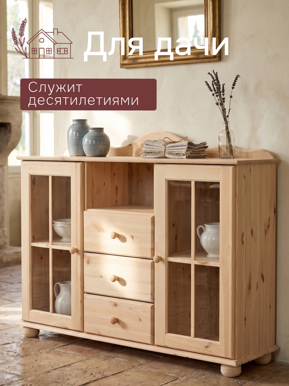 Комод Бритта 2 двери 3 ящика из массива сосны, 113х32х94 см, в натуральной отделке