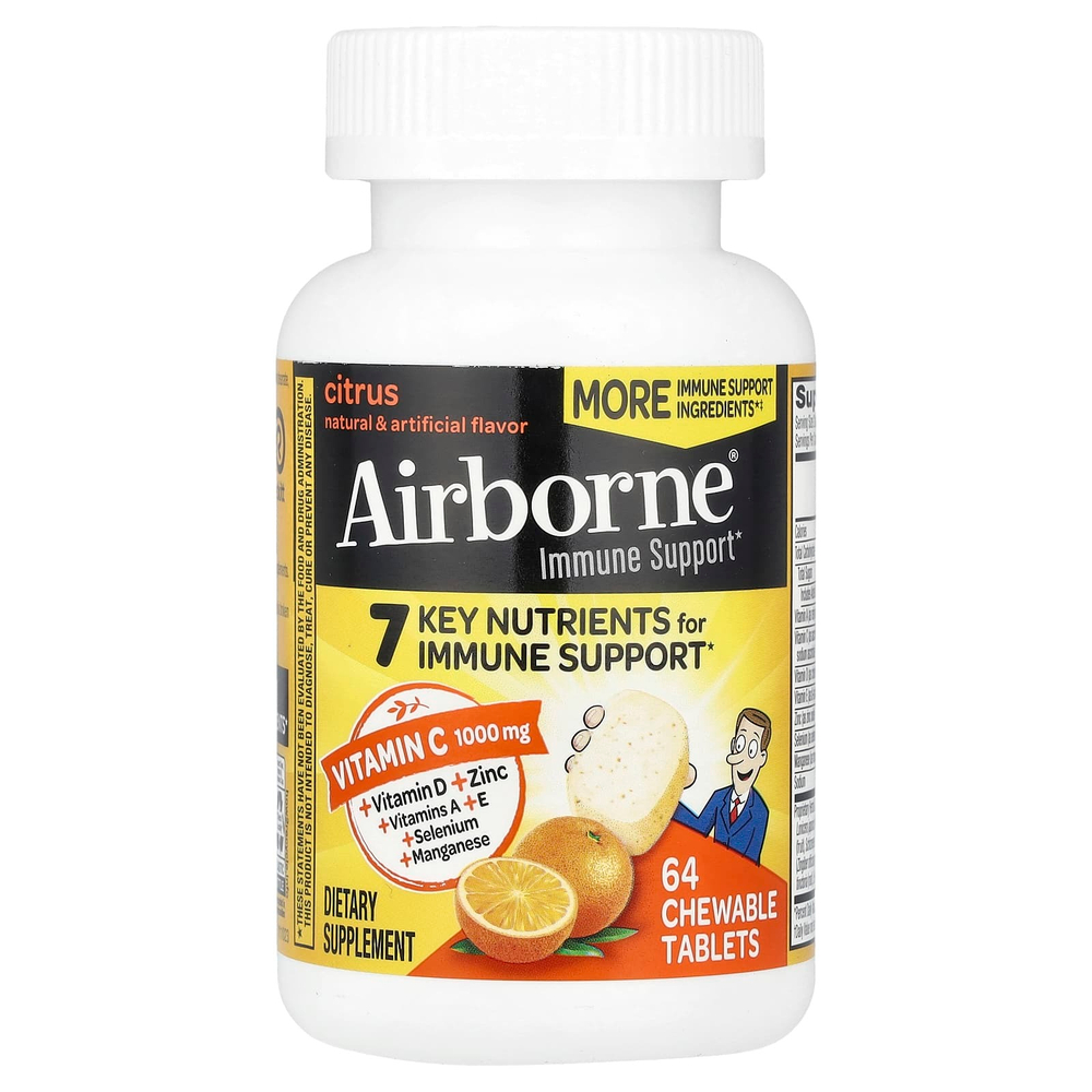 AirBorne, Витамин C, цитрус, 1000 мг, 64 жевательные таблетки