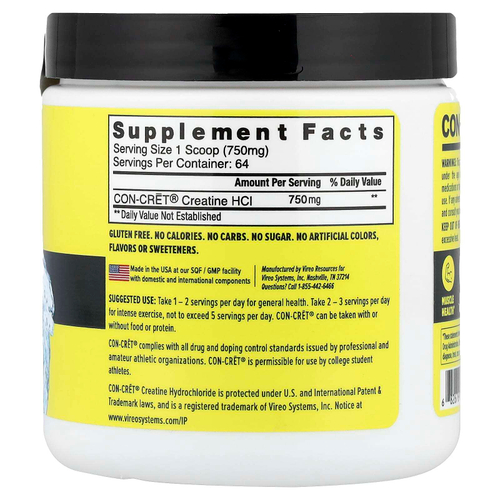 Con-Cret, креатин гидрохлорид, необработанный пирог, 48 г (1,69 унции)