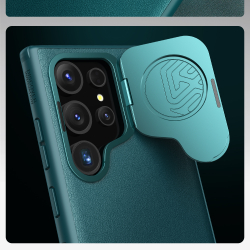 Чехол с вставками из кожи зеленого цвета (Exuberant Green) от Nillkin для Samsung Galaxy S24 Ultra, с откидной металлической крышкой для камеры, серия CamShield Prop Leather Case