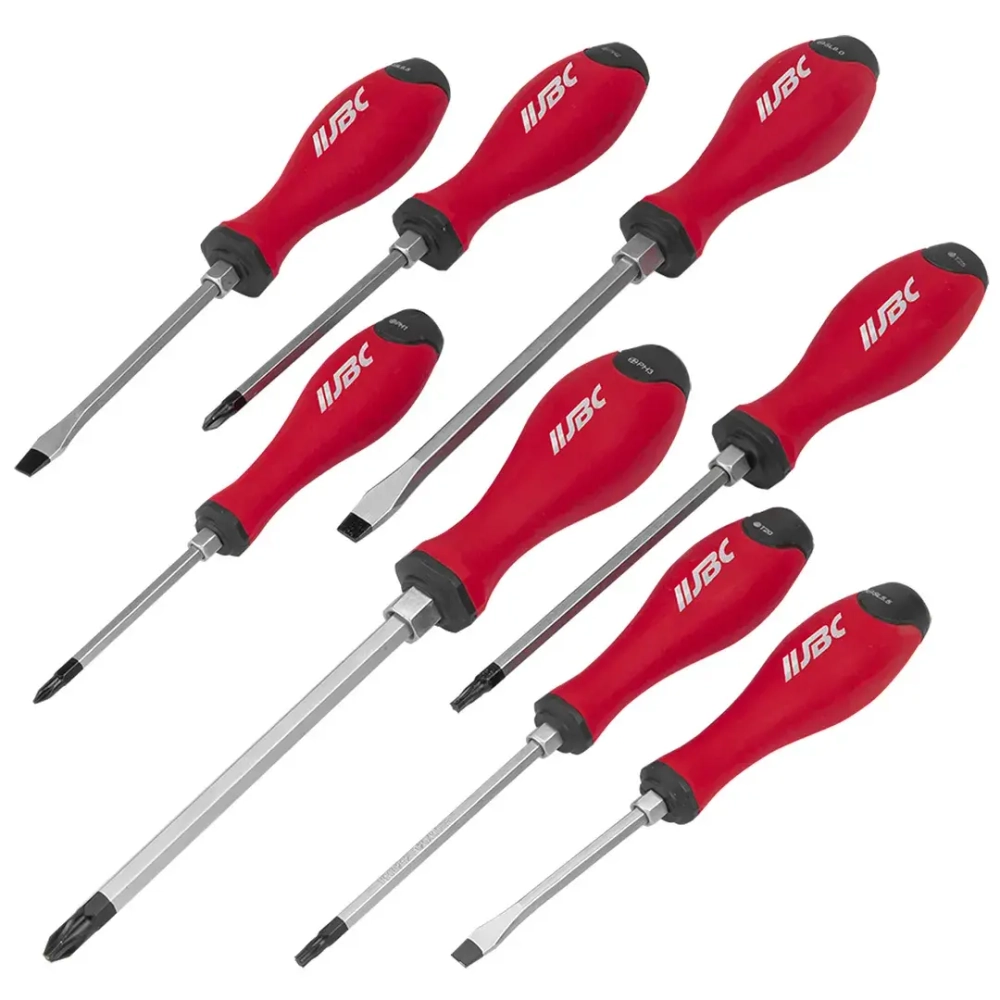 Набор отверток силовых магнитных 8пр (SL5.5x75мм, SL6.5x100мм, SL8х150мм, РН1х75мм, РН2х100мм, РН3х150мм, Т20х100мм, Т25х125мм) в блистере JBC JBC-7008