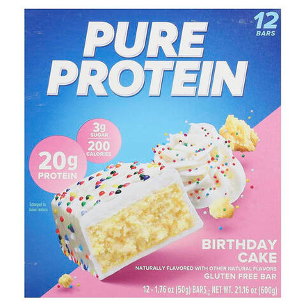 Pure Protein, батончики без глютена, со вкусом праздничного торта, 12 батончиков, 50 г (1,76 унции)