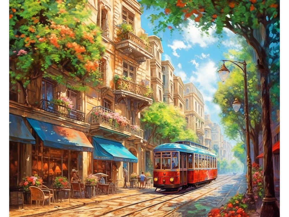 Алмазная мозаика 40х50см. "Летний трамвай" (30цв.) с частич.заполнен.на подрам. (Арт. НД-0583)