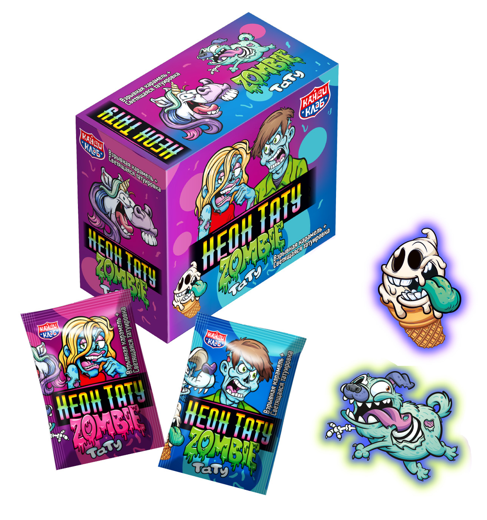 Взрывная карамель "НЕОН ТАТУ ЗОМБИ" со светящейся татуировкой 1гр*48шт*12 блоков