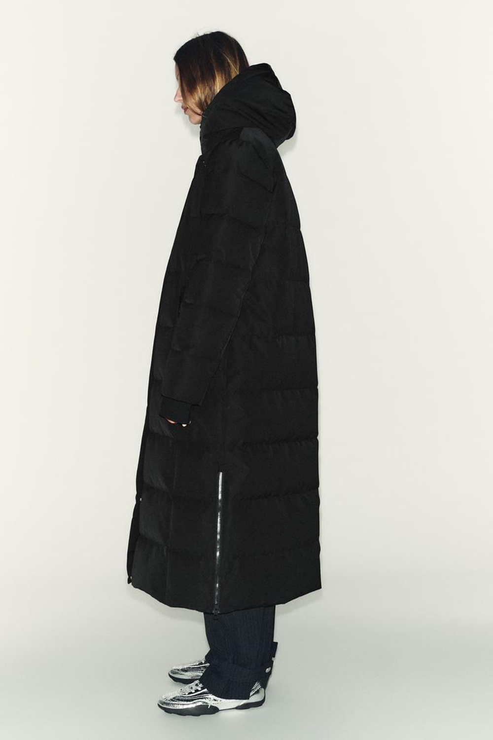 ZARA УДЛИНЕННЫЙ ПУХОВИК С КАПЮШОНОМ WATER REPELLENT WINDPROOF, ЧЕРНЫЙ