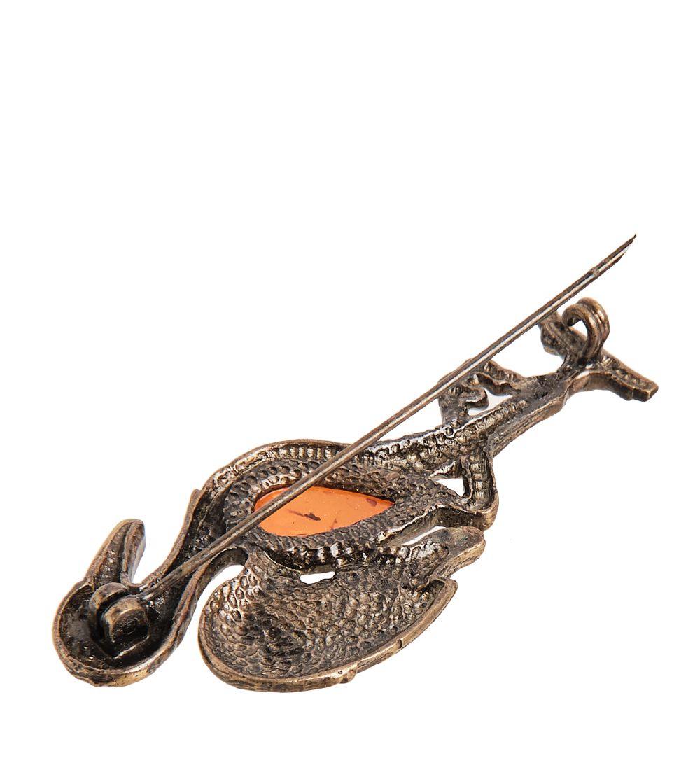 AM-1648 Брошь «Аист» (латунь, янтарь)